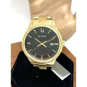 Bulova Men's Watch 97B228 Quartz Black Dial Date Gold Stainless Steel 42mm